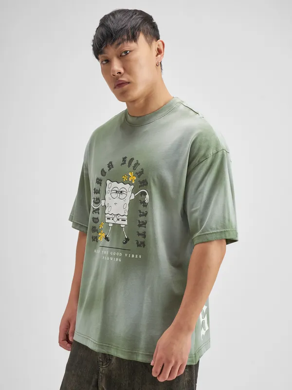 Highlander Men Green Spongebob Squarepants Printed Round Neck T-Shirt