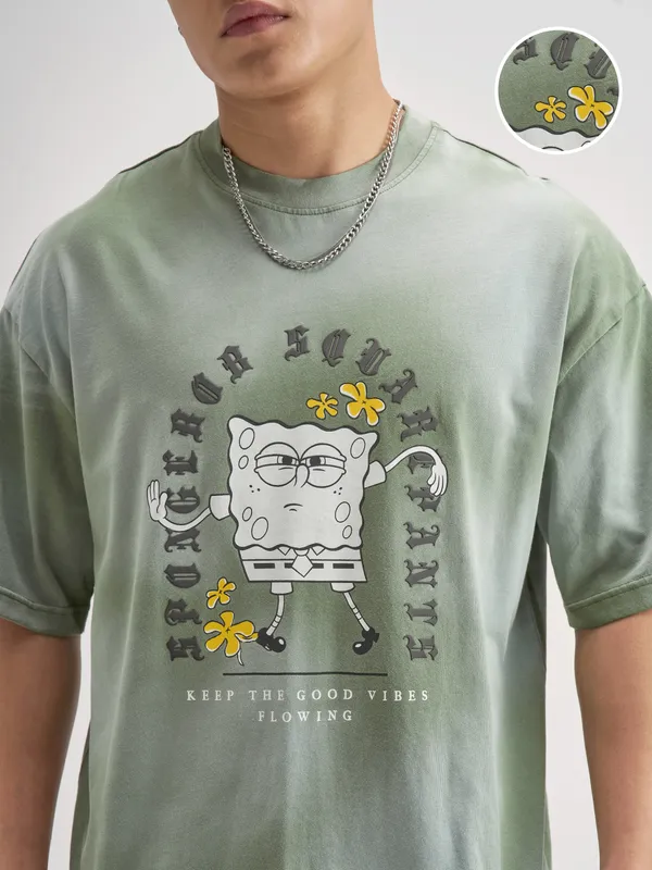Highlander Men Green Spongebob Squarepants Printed Round Neck T-Shirt