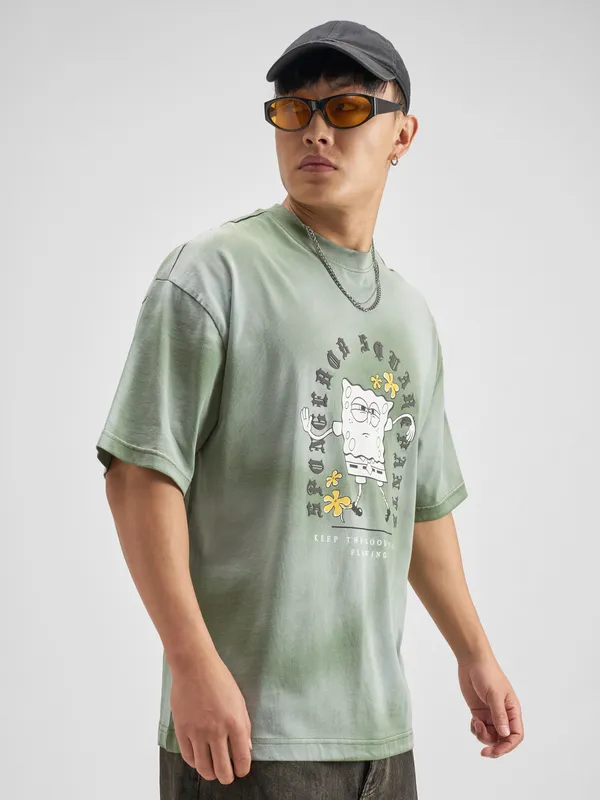 Highlander Men Green Spongebob Squarepants Printed Round Neck T-Shirt