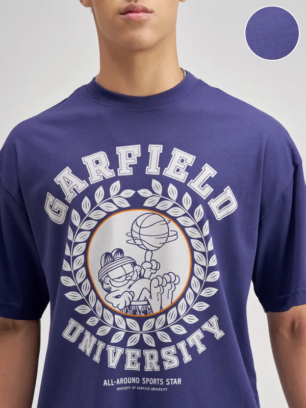Highlander Men Blue Garfield Printed Round Neck Oversized Fit T-Shirt