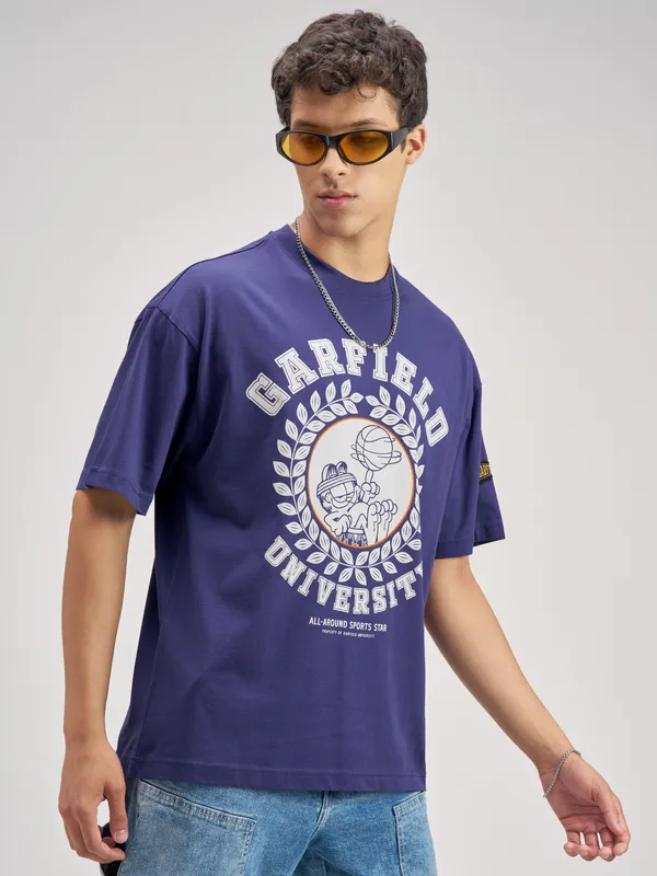 Highlander Men Blue Garfield Printed Round Neck Oversized Fit T-Shirt