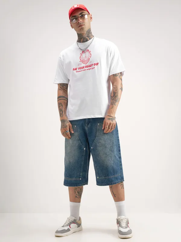 Highlander Men White Garfield Printed Round Neck T-Shirt