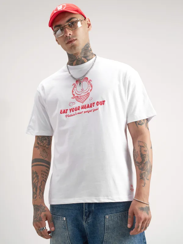 Highlander Men White Garfield Printed Round Neck T-Shirt