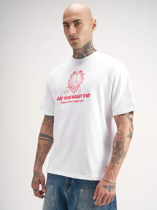 Highlander Men White Garfield Printed Round Neck T-Shirt