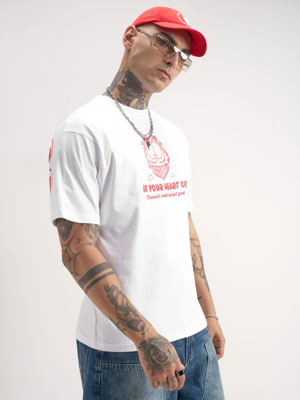 Highlander Men White Garfield Printed Round Neck T-Shirt