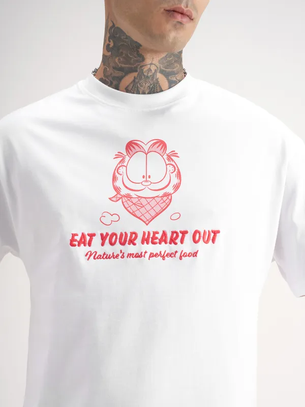 Highlander Men White Garfield Printed Round Neck T-Shirt