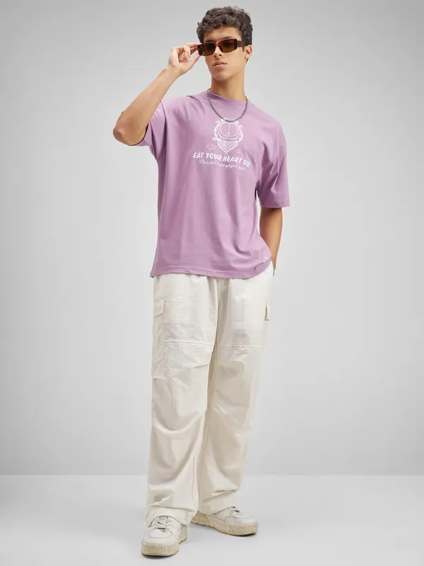 Highlander Men Lavender Garfield Printed Round Neck Oversized Fit T-Shirt