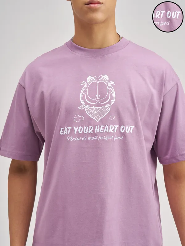 Highlander Men Lavender Garfield Printed Round Neck Oversized Fit T-Shirt