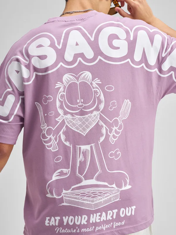 Highlander Men Lavender Garfield Printed Round Neck Oversized Fit T-Shirt