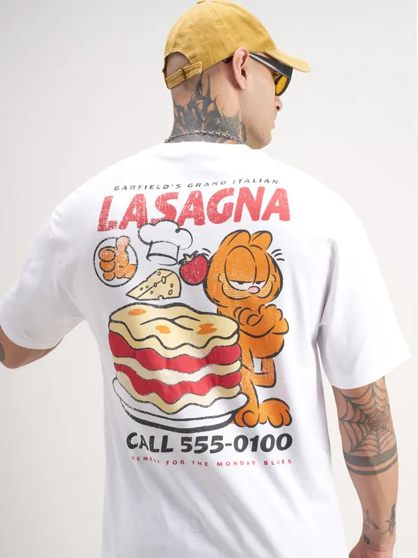 Highlander Men White Garfield Printed Round Neck T-Shirt