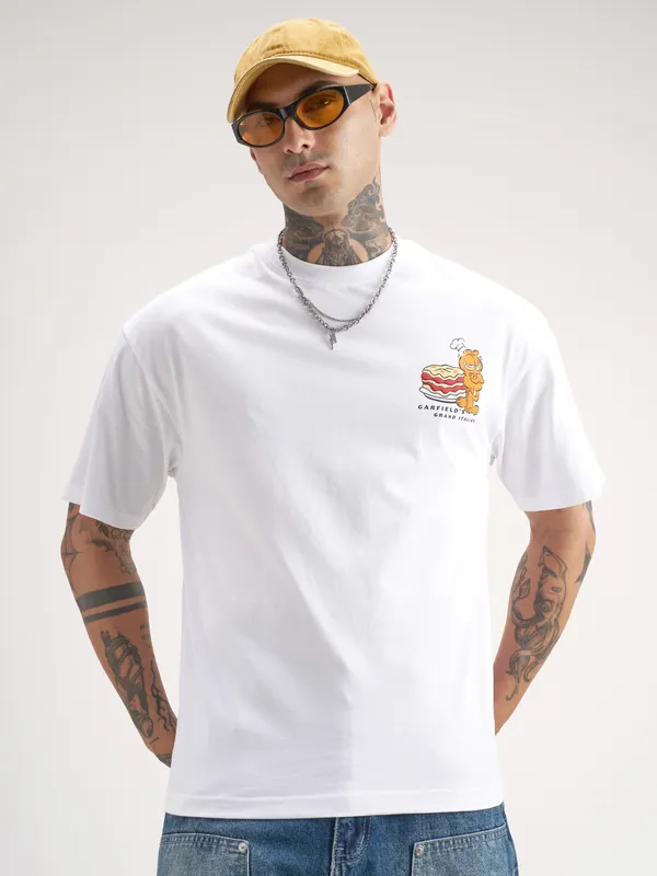 Highlander Men White Garfield Printed Round Neck T-Shirt