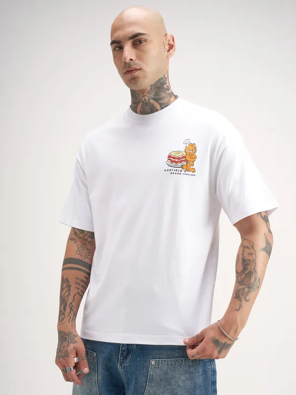 Highlander Men White Garfield Printed Round Neck T-Shirt