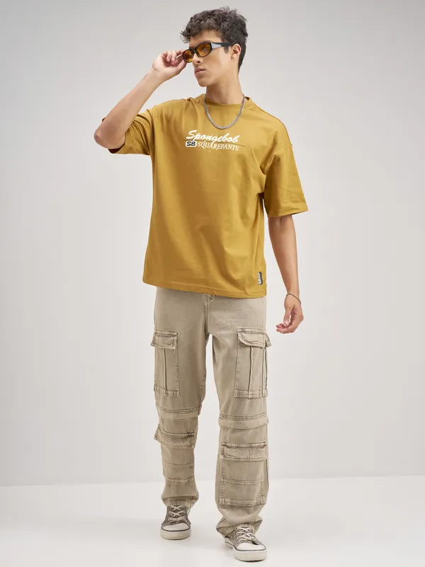 Highlander Men Mustard Spongebob Squarepants Printed Round Neck Oversized Fit T-Shirt