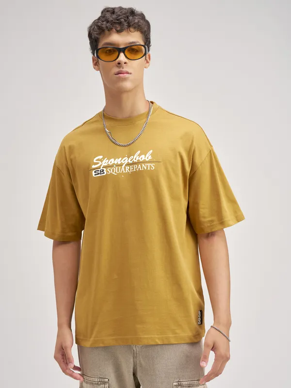Highlander Men Mustard Spongebob Squarepants Printed Round Neck Oversized Fit T-Shirt