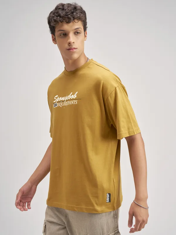 Highlander Men Mustard Spongebob Squarepants Printed Round Neck Oversized Fit T-Shirt