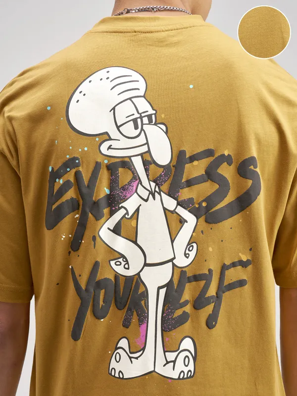 Highlander Men Mustard Spongebob Squarepants Printed Round Neck Oversized Fit T-Shirt