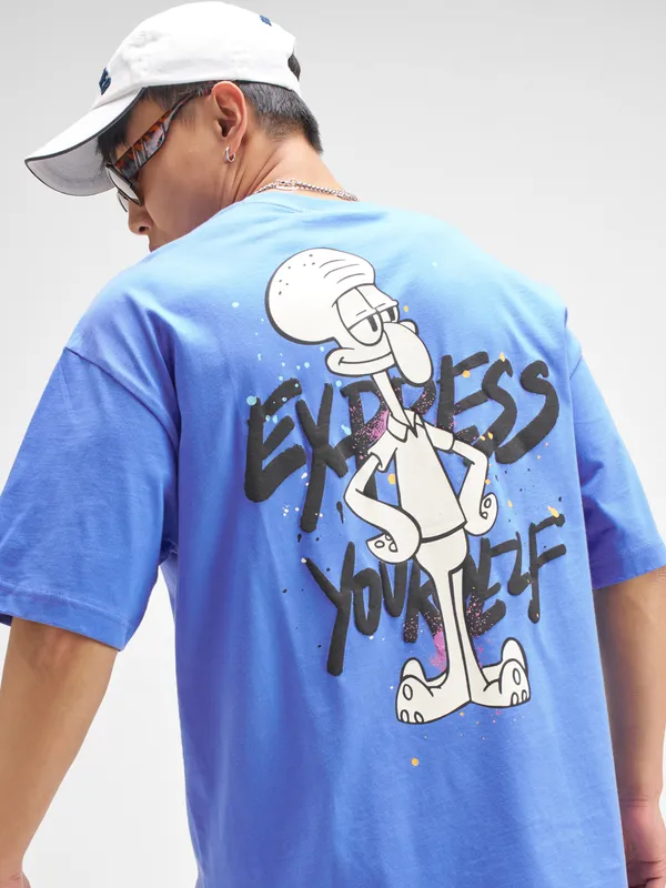 Highlander Men Blue Spongebob Squarepants Printed Round Neck Oversized Fit T-Shirt