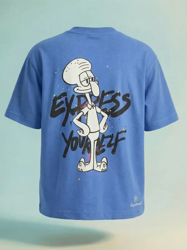 Highlander Men Blue Spongebob Squarepants Printed Round Neck Oversized Fit T-Shirt