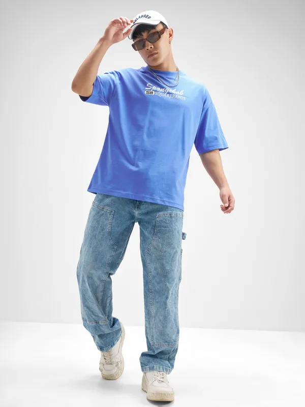 Highlander Men Blue Spongebob Squarepants Printed Round Neck Oversized Fit T-Shirt