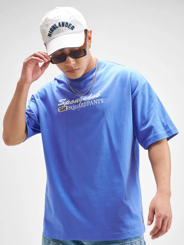 Highlander Men Blue Spongebob Squarepants Printed Round Neck Oversized Fit T-Shirt