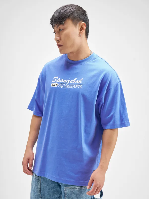 Highlander Men Blue Spongebob Squarepants Printed Round Neck Oversized Fit T-Shirt