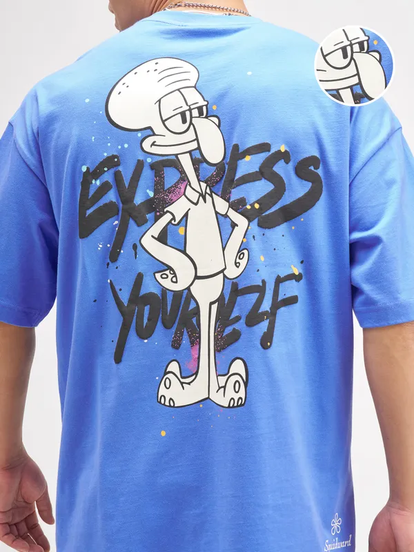 Highlander Men Blue Spongebob Squarepants Printed Round Neck Oversized Fit T-Shirt