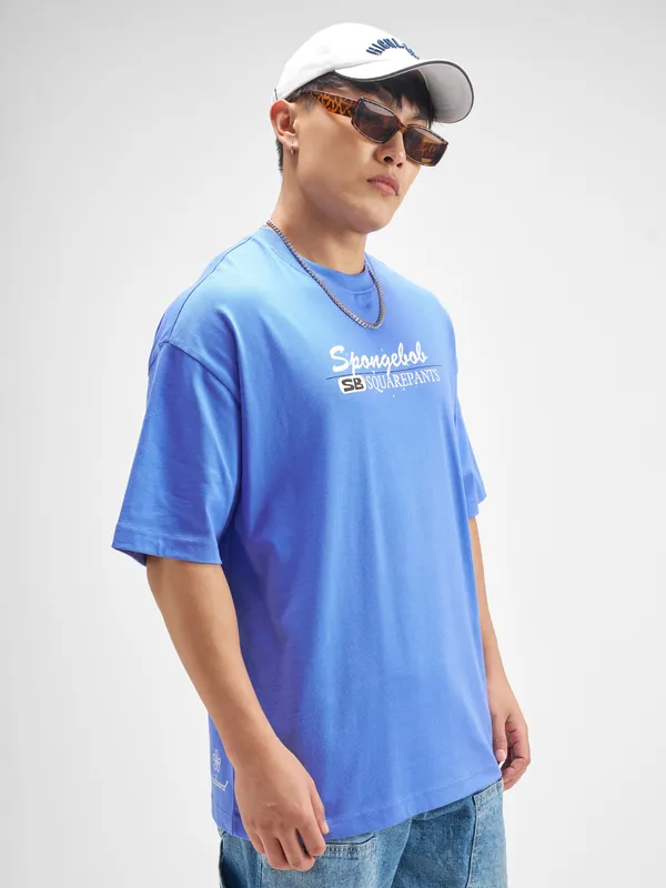 Highlander Men Blue Spongebob Squarepants Printed Round Neck Oversized Fit T-Shirt