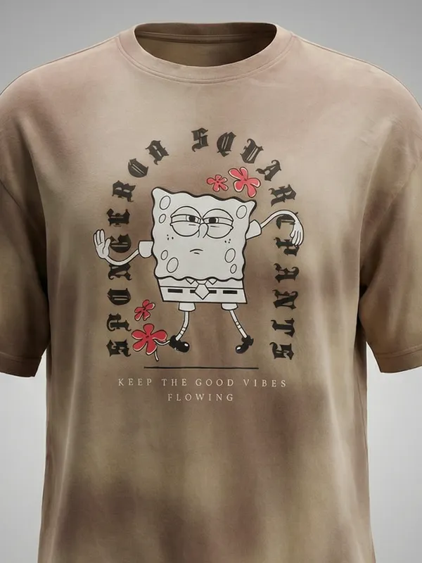 Highlander Men Tan Spongebob Squarepants Printed Round Neck Oversized Fit T-Shirt
