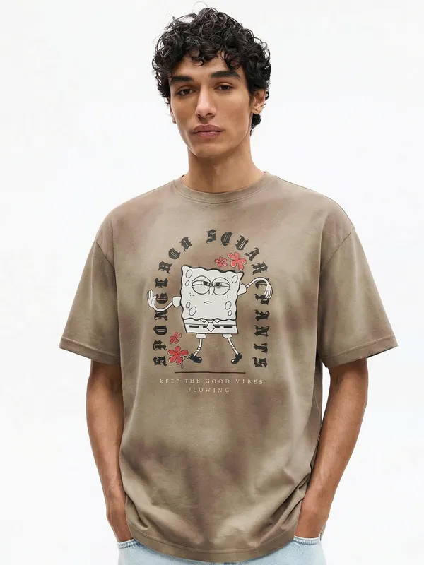 Highlander Men Tan Spongebob Squarepants Printed Round Neck Oversized Fit T-Shirt