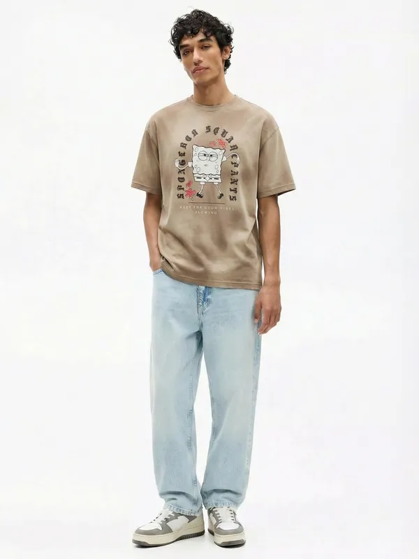 Highlander Men Tan Spongebob Squarepants Printed Round Neck Oversized Fit T-Shirt