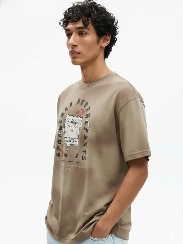 Highlander Men Tan Spongebob Squarepants Printed Round Neck Oversized Fit T-Shirt