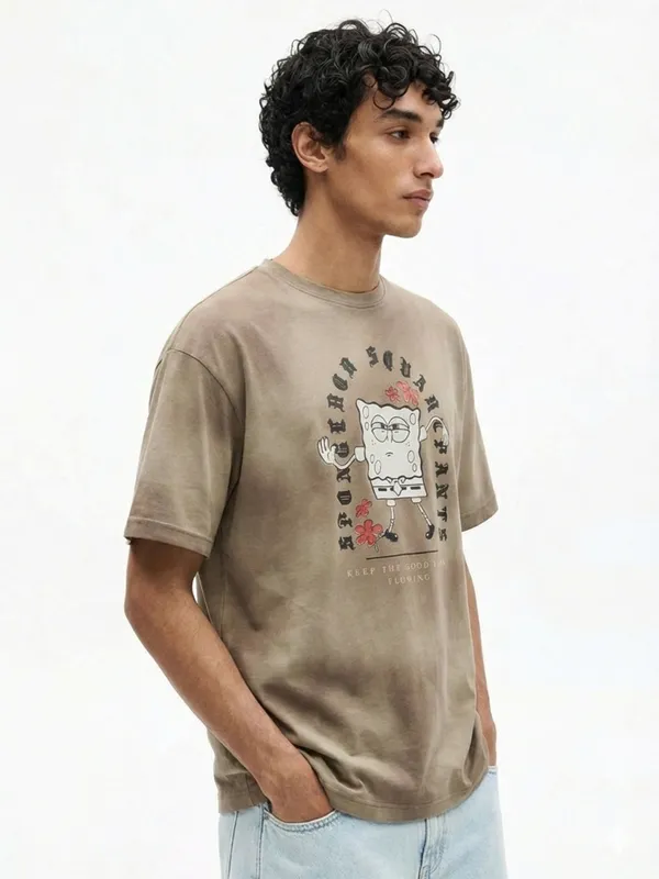 Highlander Men Tan Spongebob Squarepants Printed Round Neck Oversized Fit T-Shirt