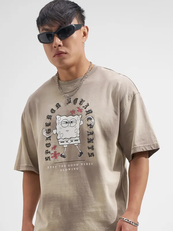 Highlander Men Tan Spongebob Squarepants Printed Round Neck Oversized Fit T-Shirt