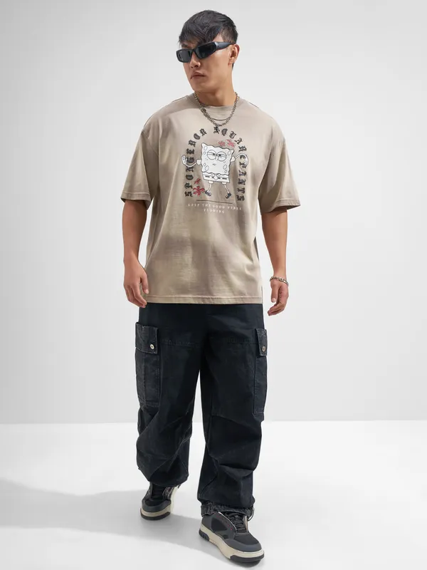 Highlander Men Tan Spongebob Squarepants Printed Round Neck Oversized Fit T-Shirt