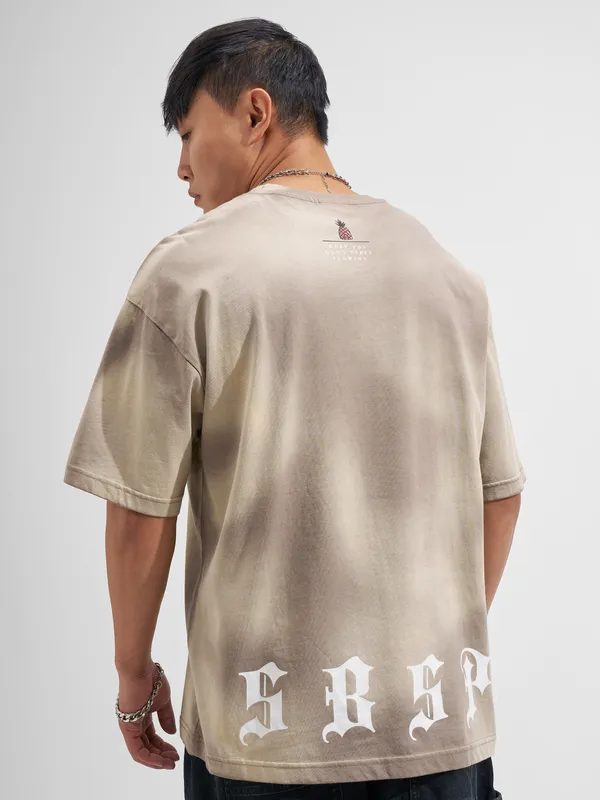 Highlander Men Tan Spongebob Squarepants Printed Round Neck Oversized Fit T-Shirt