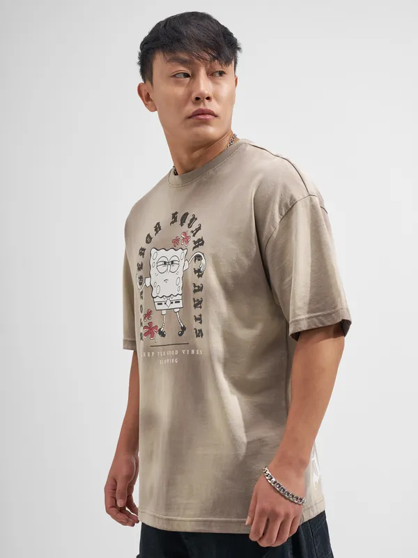 Highlander Men Tan Spongebob Squarepants Printed Round Neck Oversized Fit T-Shirt