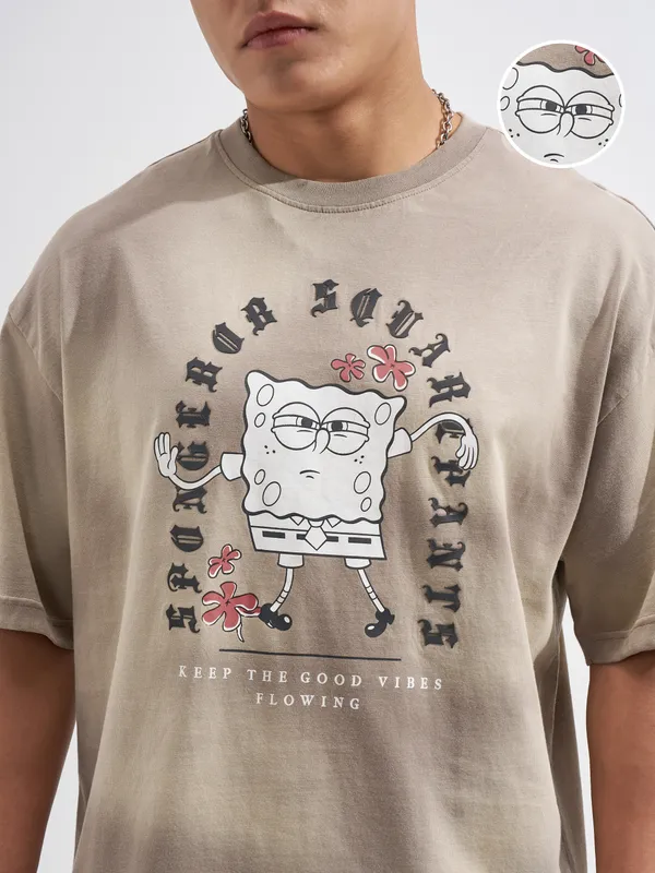 Highlander Men Tan Spongebob Squarepants Printed Round Neck Oversized Fit T-Shirt