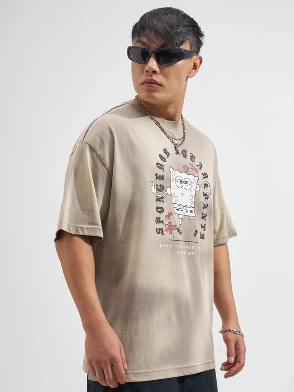 Highlander Men Tan Spongebob Squarepants Printed Round Neck Oversized Fit T-Shirt