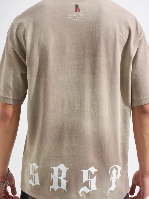 Highlander Men Tan Spongebob Squarepants Printed Round Neck Oversized Fit T-Shirt