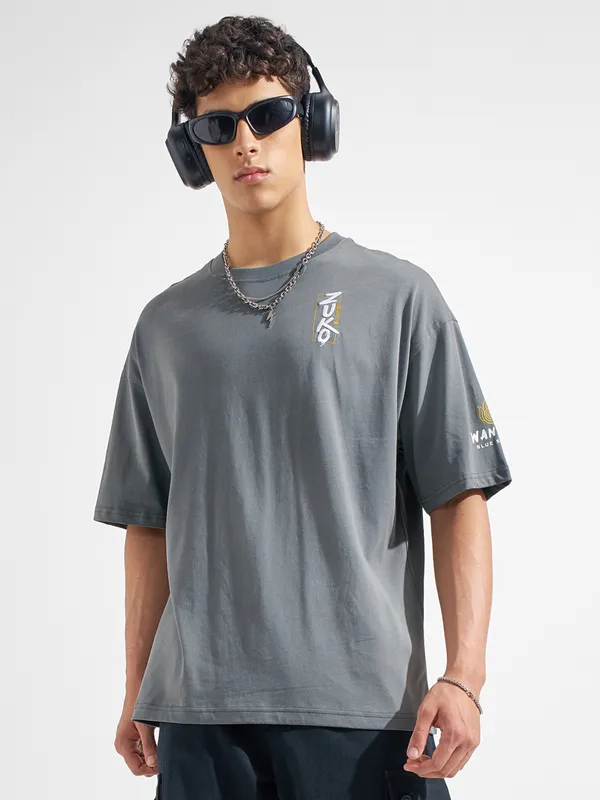 Highlander Men Grey Avatar Printed Round Neck Oversized Fit T-Shirt