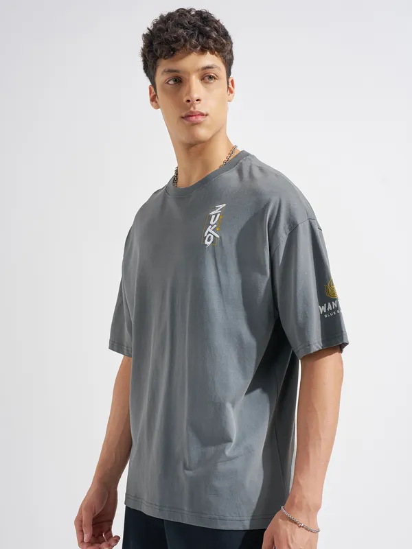Highlander Men Grey Avatar Printed Round Neck Oversized Fit T-Shirt