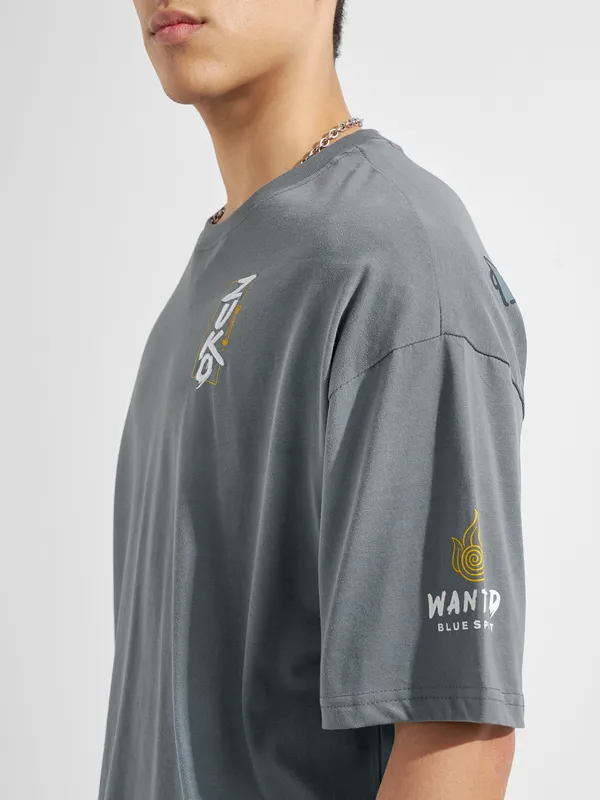 Highlander Men Grey Avatar Printed Round Neck Oversized Fit T-Shirt