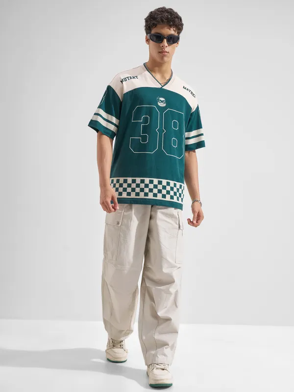 Highlander Men Green Ninja Turtles Printed V-Neck Oversized Fit T-Shirt