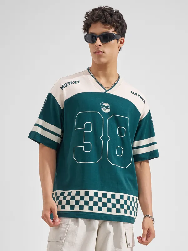 Highlander Men Green Ninja Turtles Printed V-Neck Oversized Fit T-Shirt