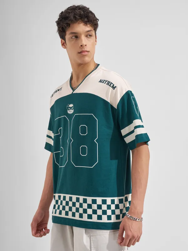 Highlander Men Green Ninja Turtles Printed V-Neck Oversized Fit T-Shirt