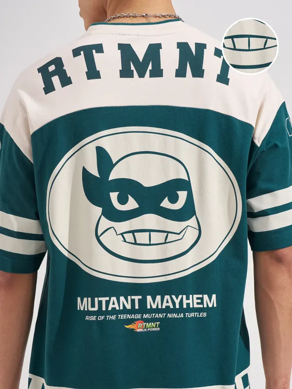 Highlander Men Green Ninja Turtles Printed V-Neck Oversized Fit T-Shirt