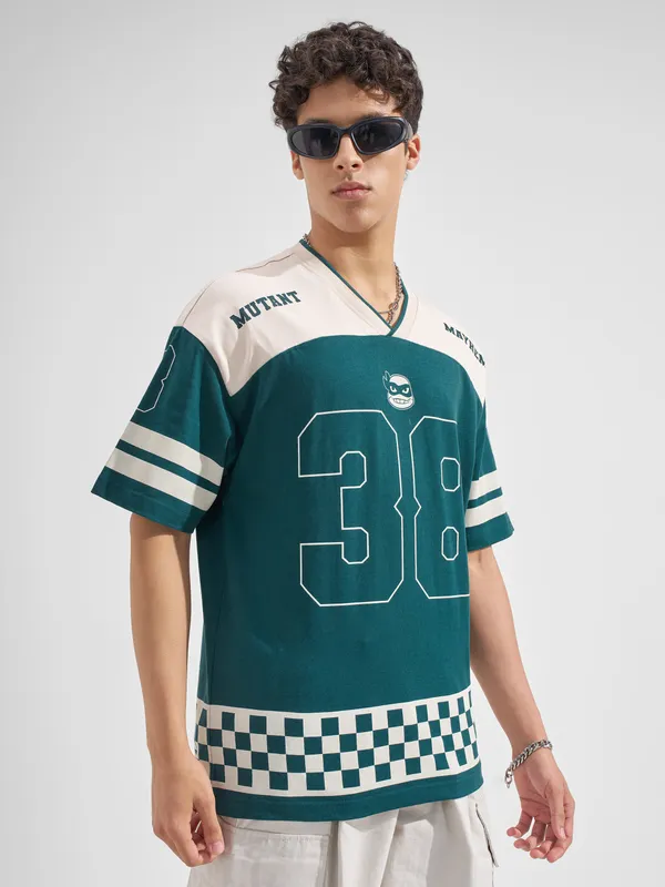 Highlander Men Green Ninja Turtles Printed V-Neck Oversized Fit T-Shirt