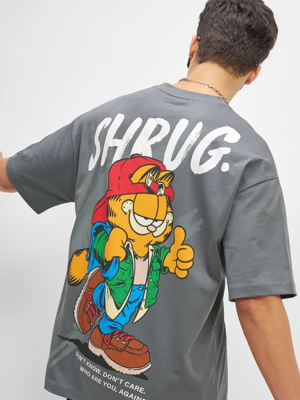 Highlander Men Grey Garfield Printed Round Neck Oversized Fit T-Shirt