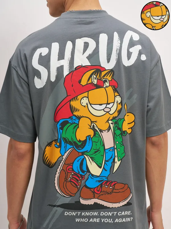 Highlander Men Grey Garfield Printed Round Neck Oversized Fit T-Shirt