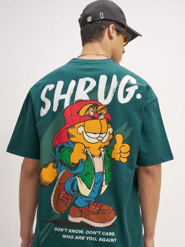 Highlander Men Teal Garfield Printed Round Neck Oversized Fit T-Shirt